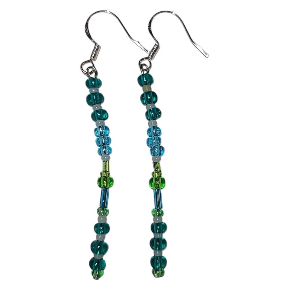 Handmade Sterling Silver 925 Blue & Green Glass Bead Dangle Earrings 2.5"‎